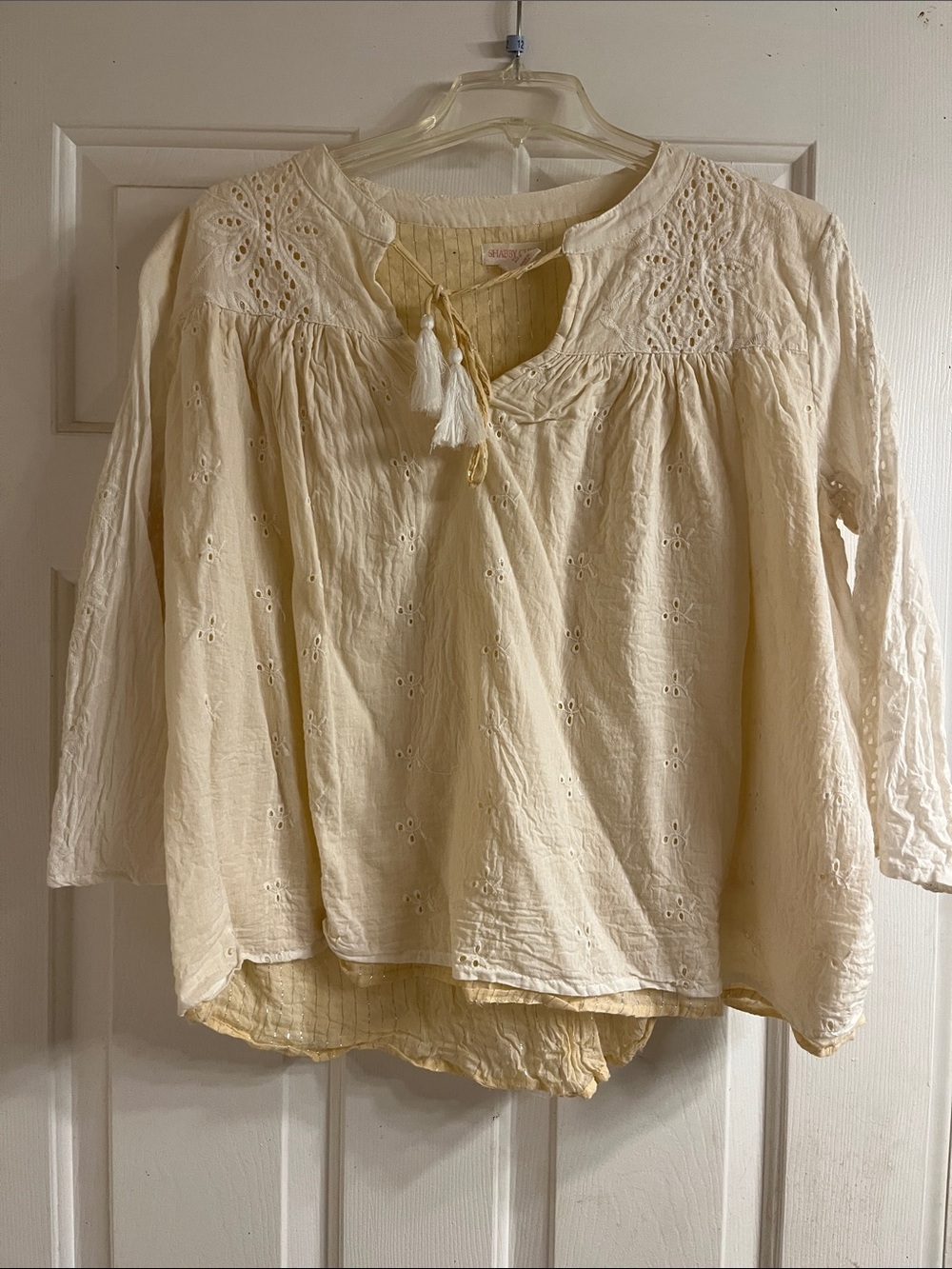 Shabby Chic Cream Eyelet Boho Tunic with Tassel Tie